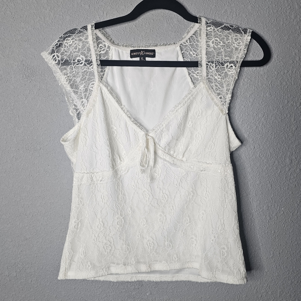 Vtg Almost Famous Ivory Babydoll Lace Top Womens XL Y2K Coquette Cottagecore Bow